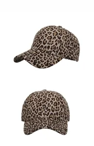 Detail view showing leopard print pattern and classic six-panel structure of the baseball cap