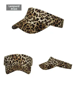 Detailed views of leopard print coffee sun visor hat from front and side angles