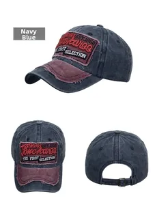 Vue en trois plans de la casquette de baseball en coton lavé bleu marine avec broderie