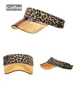 Detailed views of coffee leopard print sun visor with transparent brown resin brim