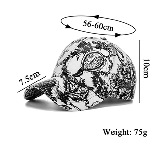 Size specifications for the ink wash floral baseball cap showing dimensions and 75g weight
