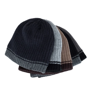 Knit ribbed beanies in various dark tones featuring striped cuff details on white background