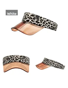 Detailed views of leopard print sun visor with brown transparent brim and fabric headband