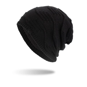Classic black knitted slouchy beanie with textured diamond pattern for winter warmth