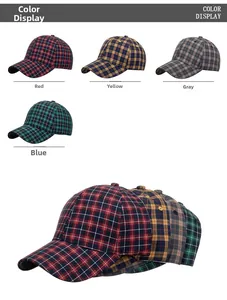 Colorful plaid baseball caps in red, yellow, grey and blue color display options