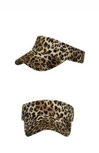 Detailed views of leopard print sun visor hat showing topless design and curved brim