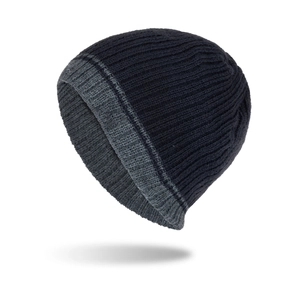 Navy blue and grey striped knit beanie hat for winter with vertical ribbed texture
