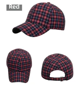 Detailed views of the classic red plaid baseball cap showing front, side and back metal buckle