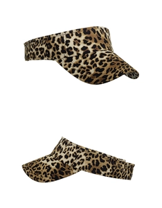Detailed views showing leopard print pattern and fabric texture of the sun visor cap