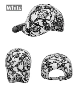 Three-view detail of a white baseball cap with black ink wash floral print and metal buckle