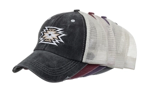 Detail view of distressed trucker hats with embroidery and breathable mesh back