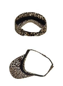 Detail view of leopard print sun visor hat showing adjustable back strap and curved brim