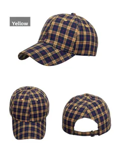 Detailed views of yellow plaid cotton baseball cap with adjustable metal back buckle