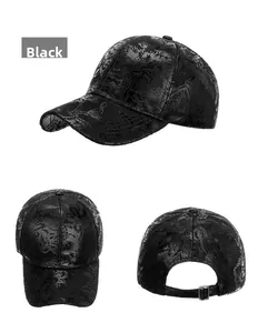 Detailed views of a black baseball cap with 3D embossed texture and metal adjustable buckle