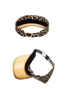 Detail view of leopard print sun visor featuring a transparent orange plastic brim