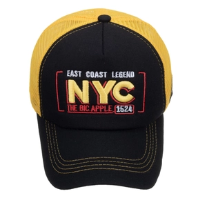 Classic NYC 3D embroidered trucker hat in black and yellow mesh with curved brim