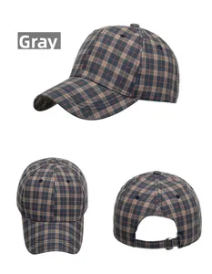 Detailed views of gray plaid cotton baseball cap with adjustable metal buckle and checkered pattern