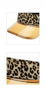 Detail showing the leopard print fabric and orange transparent brim of the sun visor hat