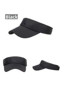 Detail view of black sun visor hat showing three angles and mesh polyester texture