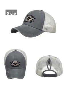 Detailed views of grey distressed ponytail trucker hat with mesh back and ethnic embroidery