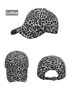Detailed views of leopard print baseball cap in coffee brown with metal adjustment buckle