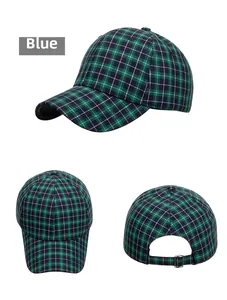 Detailed views of checkered cotton baseball cap with adjustable metal buckle back