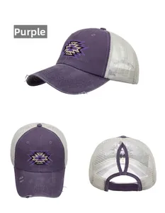 Detail of purple washed cotton baseball cap featuring ponytail hole and embroidery