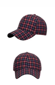 Detail view of plaid baseball cap showing red and blue checkered pattern from two angles