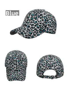 Detailed three-view shots of a blue leopard print baseball cap with metal buckle closure