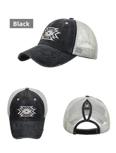 Detailed views of black washed cotton ponytail baseball cap with tribal embroidery
