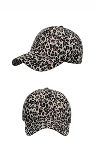 Detail view of leopard print baseball cap featuring curved brim and six-panel structure