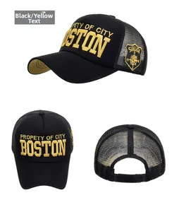 Vues détaillées de la casquette trucker noire avec broderie Boston dorée et snapback