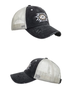 Detailed views of vintage washed trucker hat with geometric embroidery and distressed brim
