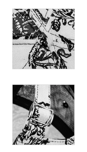Close-up of ink wash floral print baseball cap with metal buckle and top button detail