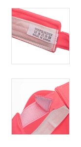 Detail of pink visor showing 100% polyester wash label and adjustable velcro strap closure