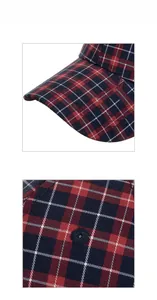 Detail view of red and black plaid baseball cap with reinforced stitching and eyelets