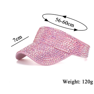 Detail view of pink rhinestone sun visor with 7cm brim and dimensions for golf and outdoor