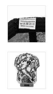 Detail showing the 100% polyester fabric label and actual weight measurement of the cap
