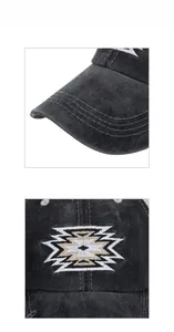 Macro detail of washed black cotton baseball cap showing contrast stitching and embroidery