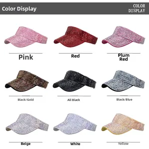 Detailed color display of nine styles of rhinestone sun visor hats for summer outdoor leisure
