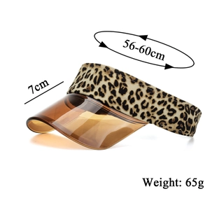 Leopard print open top sun visor with translucent brown brim and dimensions shown