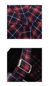 Detail view of plaid baseball cap featuring a top button and metal strap adjustment