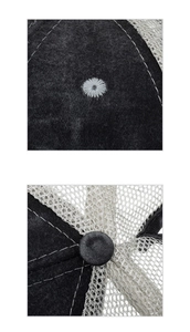 Detail view of washed cotton baseball cap showing contrast stitching and mesh texture
