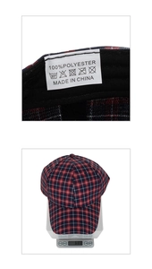 Detail view of 68.8g lightweight polyester plaid baseball cap showing inner wash label