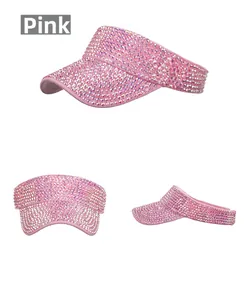 Detailed views of a pink rhinestone sun visor hat with sparkling crystals for outdoor golf