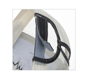 Detail of adjustable Velcro strap on mesh trucker hat with breathable fabric texture