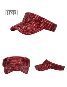 Detailed views of a red rhinestone sun visor showing front and side sparkling angles