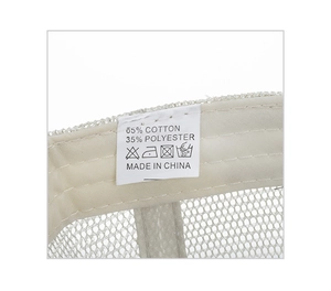 Detailed close-up showing 65% cotton material tag and inner mesh of the baseball cap