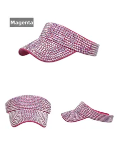 Detailed views of rose red sun visor hat decorated with sparkling colorful rhinestones