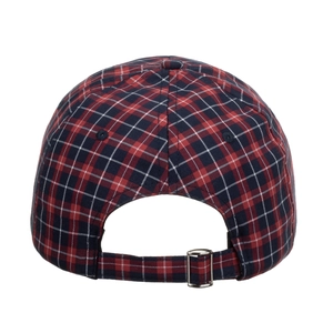 Back view of colorful plaid baseball cap with adjustable metal buckle for outdoor wear
